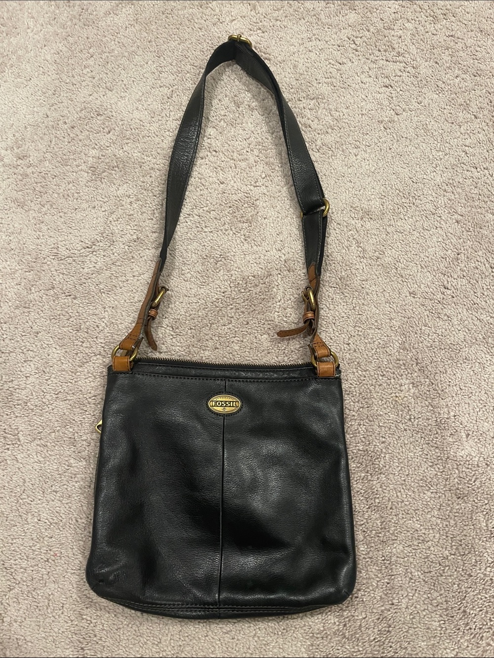 Fossil Black Leather Shoulder Bag with Brown Trim